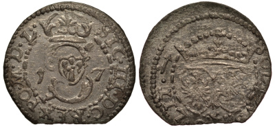 Польша 1 шиллинг (шеляг) 1617 (16)17, Сигизмунд III (1587-1632), вес 0,99 гр. KM 16.3 серебро 1516-1544