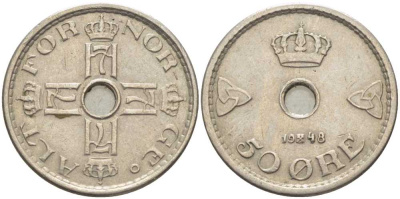Норвегия 50 эре 1948 Хокон VII (1905-1957) KM 386 медно-никель 119-932