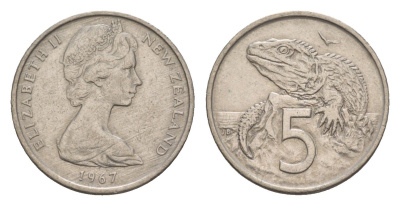 Новая Зеландия 5 центов 1967 Елизавета II (1952-2022), ящерица гаттерия KM 34.1 медно-никель 4655-1152