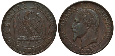 ФРАНЦИЯ 5 САНТИМОВ 1865 BB, НАПОЛЕОН III (1852-1870) KM 797.2, LE FRANC 117.15 бронза 441-1535