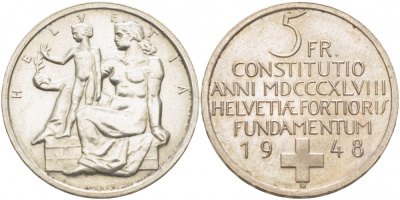 Швейцария 5 франков 1948 100 лет конституции Швейцарии KM 48 серебро aUNC 3896-413