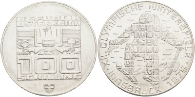 Австрия 100 шиллингов 1974 XII зимние Олимпийские игры в Инсбруке, лыжник KM 2928 серебро 4552-1025