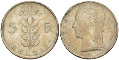 Бельгия 5 франков 1949 Belgie, Леопольд III (1934-1951) KM 135.1 медно-никель 4364-1012