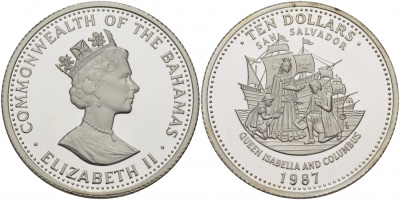 Багамские острова 10 долларов 1987 Сан-Сальвадор, королева Изабелла и Колумб KM 120 серебро PROOF 05-095-12