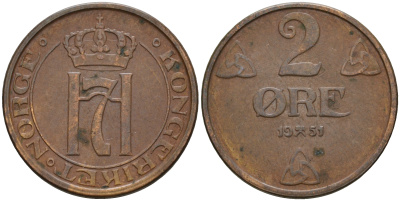 Норвегия 2 эре 1951 Хокон VII (1905-1957) KM 371 бронза 4606-657