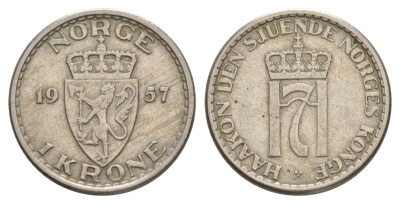 Норвегия 1 крона 1956 Хокон VII (1905-1957) KM 397 медно-никель 4635-635