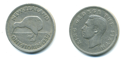 Новая Зеландия 1 флорин 1950 Георг VI (1937-1952), птичка киви KM 18 медно-никель 59-1023