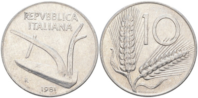 Италия 10 лир 1981 R, КОЛОС, плуг KM 93 алюминий 4519-1127