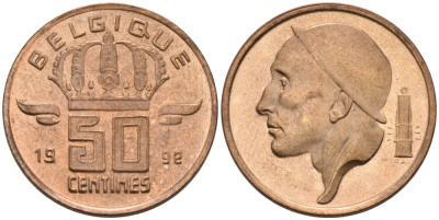 Бельгия 50 сантимов 1992 Belgique KM 148.1 бронза UNC 192-464