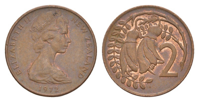 Новая Зеландия 2 цента 1972 Елизавета II (1952-2022), два цветка кохаи KM 32.1 бронза 4178-234