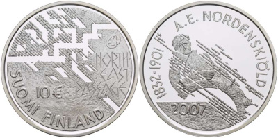 Финляндия 10 евро 2007 175 лет со дня рождения Нильс Адольфа Эрика Норденшёльда, первопроходец Северно-Восточного морского пути KM 134 серебро  PROOF  11-040-21