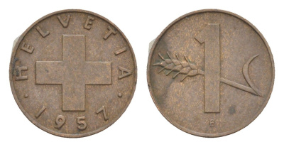 Швейцария 1 раппен 1957 B KM 46 бронза 3458-628