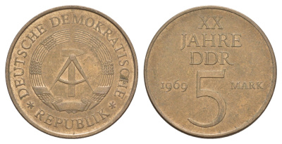 ГДР 5 марок 1969 А, 20 лет ГДР KM 22 никель бронза 4650-741