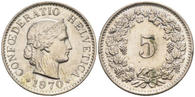 Швейцария 5 раппенов 1970 КМ 26 медно-никель 4567-535