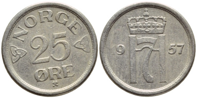 НОРВЕГИЯ 25 ЭРЕ 1957 KM 401 медно-никель 4396-422