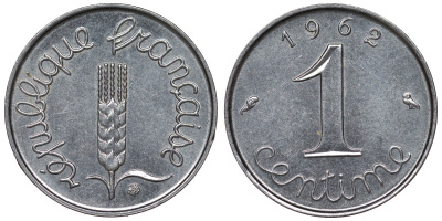 Франция 1 сантим 1962 пятая республика KM 928, Le Franc 106.4 нержавеющая сталь 4124-355