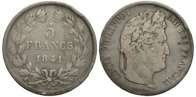 Франция 5 франков 1841 W, Луи Филипп I (1830-1848) KM 749.13 серебро 1517-1522
