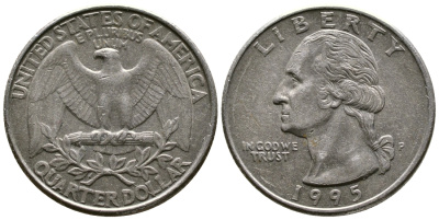 США 25 центов (квотер) 1995 Р, Вашингтон КМ А164а медь плакированная медно-никелем 56-1227