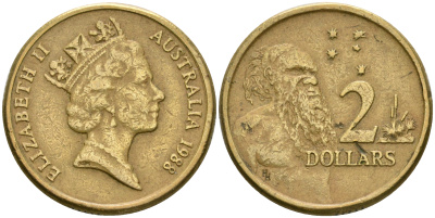 Австралия 2 доллара 1988 абориген, Елизавета II (1953-) KM 101 алюминиевая бронза 4364-2643