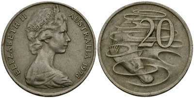 Австралия 20 центов 1973 Елизавета II (1952-2022), утконос KM 66 медно-никель 4120-645
