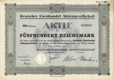 Германия 500 рейхсмарок 1932 Немецкое акционерное общество по торговле железом, акция   бумага   8801-70-1