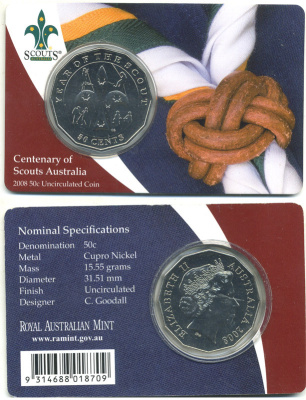 АВСТРАЛИЯ 50 ЦЕНТОВ 2008 100 ЛЕТ СКАУТСКОГО ДВИЖЕНИЯ, СКАУТЫ, В ОРИГИНАЛЬНОЙ ПЛАСТИКОВОЙ ЗАПАЙКЕ KM 1049 медно-никель ВU 06-081-75