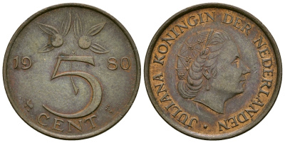 Нидерланды 5 центов 1980 Юлиана (1948-1980) KM 181 бронза 4681-922