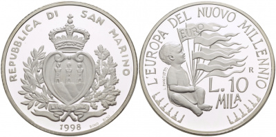 Сан-Марино 10000 лир 1998 Европа в новом тысячелетии, миллениум KM 387 серебро PROOF 1068-3-24