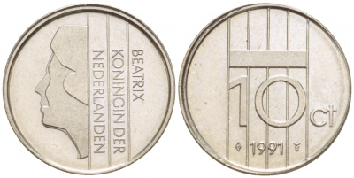 НИДЕРЛАНДЫ 10 ЦЕНТОВ 1991 БЕАТРИКС KM 203 никель 4547-927