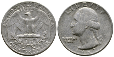 США 25 центов (квотер) 1967 Вашингтон КМ 164а медь плакированная медно-никелем 56-1234