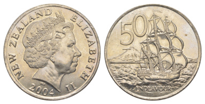 Новая Зеландия 50 центов 2004 Елизавета II (1952-2022), парусник Индевор KM 119 медно-никель UNC 4179-141