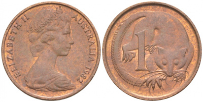 АВСТРАЛИЯ 1 ЦЕНТ 1982 ЕЛИЗАВЕТА II, МОЛОДОЙ ПОРТРЕТ, ОПОССУМ KM 62 бронза 4532-517