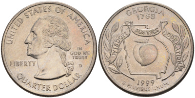 США 25 центов = квотер 1999 D, серия штаты США, Джорджия KM 296 медь плакированная медно-никелем  UNC 4589-627