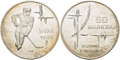 Финляндия 50 марок 1982 K-T, чемпионат мира по хоккею KM 60 серебро UNC 1527-632