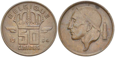 БЕЛЬГИЯ 50 САНТИМОВ 1964 BELGIQUE, БОДУЭН I (1951-1993) KM 148.1 бронза 206-167