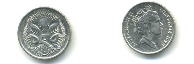 АВСТРАЛИЯ 5 ЦЕНТОВ 1990 ЕЛИЗАВЕТА II, ВТОРОЙ ПОРТРЕТ В КОРОНЕ, ЕХИДНА KM 80 медно-никель 56-444