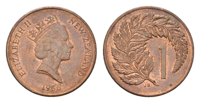 Новая Зеландия 1 цент 1986 Елизавета II (1952-2022), лист папоротника KM 58 бронза 4655-236