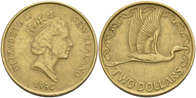 Новая Зеландия 2 доллара 1990 Елизавета II (1952-2022), большая белая цапля KM 79 алюминиевая бронза 4126-1215