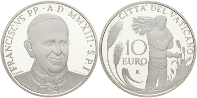 Ватикан 10 евро 2013 всемирный день молитвы за призвание, в оригинальной коробке, сертификат серебро PROOF 5-6-3-76