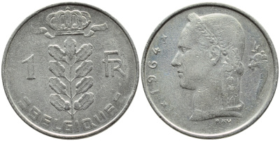БЕЛЬГИЯ 1 ФРАНК 1964 BELGIQUE KM 142.1 медно-никель 4388-724