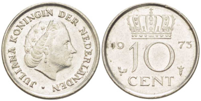 НИДЕРЛАНДЫ 10 ЦЕНТОВ 1973 ЮЛИАНА (1948-1980) KM 182 никель 214-1265