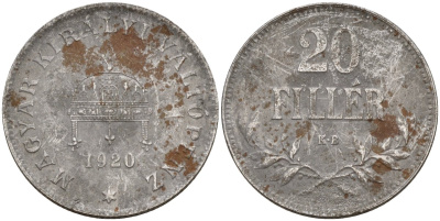 Венгрия 20 филлеров 1920 КВ, Карл I (1916-1918), редкий год KM 498 железо 4151-1026