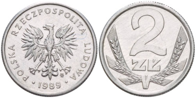 Польша 2 злотых 1989 MW, Народная Республика KM 80.3, Parchimowicz 219a алюминий 4544-554