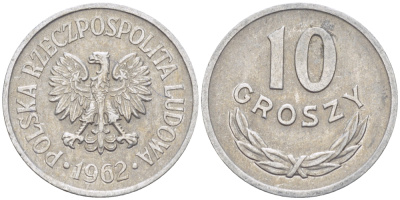 ПОЛЬША 10 ГРОШЕЙ 1962 MW, РЕДКИЙ ГОД KM AA47, Parchimowicz 206b алюминий 4181-213