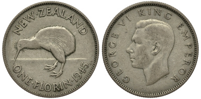 Новая Зеландия 1 флорин 1945 Георг VI (1936-1952), птичка киви KM 10.1 серебро 272-1621