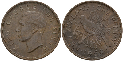 Новая Зеландия 1 пенни 1950 Георг VI (1936-1952), новозеландский туи KM 21 бронза   4157-742
