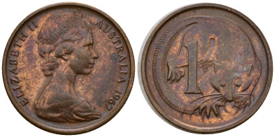 Австралия 1 цент 1967 Елизавета II (1953-), молодой портрет, опоссум KM 62 бронза 4602-214