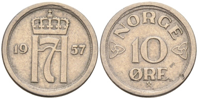 Норвегия 10 эре 1957 Хокон VII (1905-1957) KM 396 медно-никель 4580-957