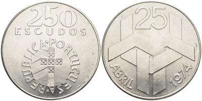 Португалия 250 эскудо 1976 Революция гвоздик 25 апреля 1974 года KM 604 серебро UNC 4558-324
