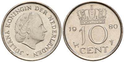Нидерланды 10 центов 1980 Юлиана (1949-1980) KM 182 никель    4189-163